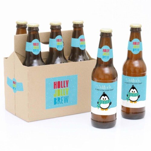 Big Dot of Happiness Holly Jolly Penguin Holiday Christmas 6 Beer Bottle Labels & 1 Carrier Perspective: front