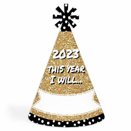 Big Dot of Happiness Pop, Fizz, Clink - Cone 2023 New Year's Eve Resolution Party Hats - 8 Ct Perspective: front