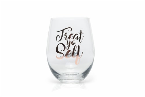 Parks and Recreation Treat Yo Self Stemless Wine Glass | Pink Perspective: front