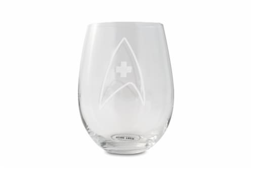 Star Trek Stemless Wine Glass Decorative Etched Medical Emblem | Holds 20 Ounces Perspective: front