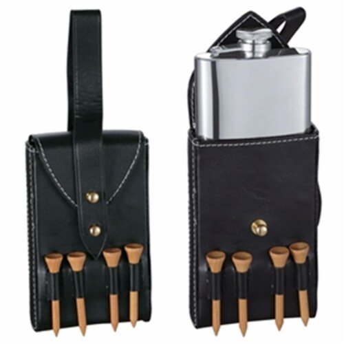 Visol VF1313 Puck 4oz Hip Flask with Black Leather Wrap and Golf Tees Perspective: front