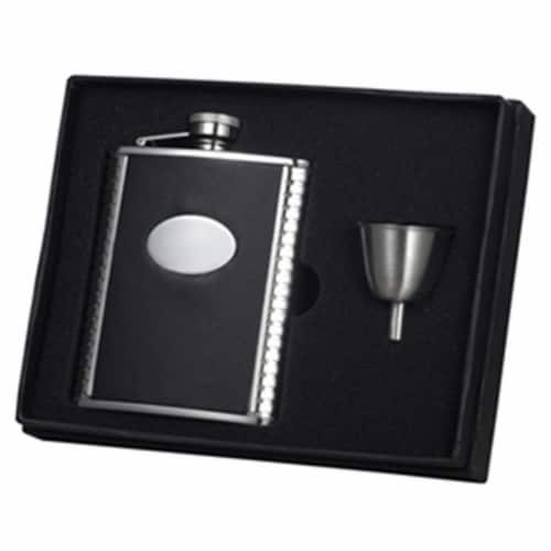 Visol Tux Ribbed Design Leather 6oz Flask Gift Set Perspective: front