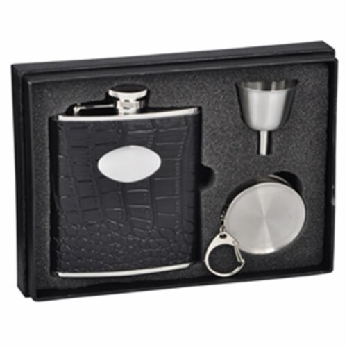 Visol VSET32-1214 Noir Black Crocodile Leather 6 oz Stellar Flask Gift Set Perspective: front