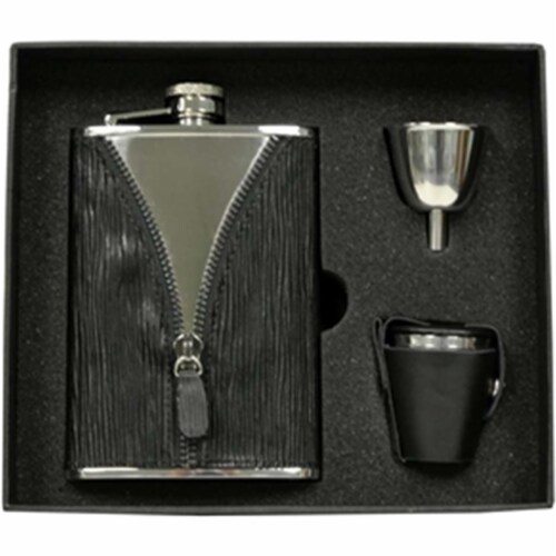 Visol VSET29-2069 Zipper Black Leatherette Stainless Steel 8 oz Deluxe Flask Gift Set with 3 Perspective: front