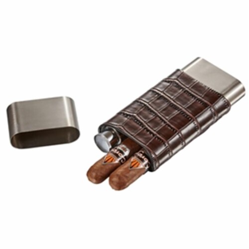 Visol VCASE723 Hacienda Crocodile Patterned Leather & Stainless Steel Cigar Case Flask Combo Perspective: front