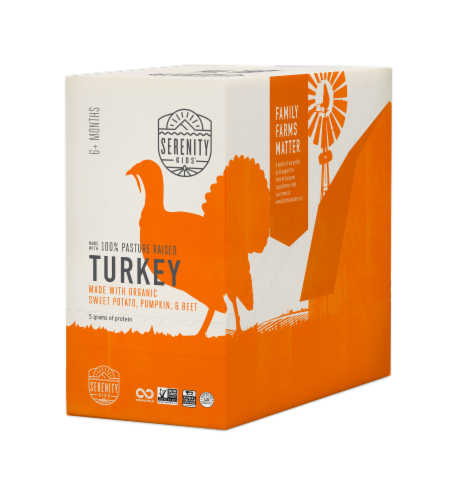 Serenity Kids® Pasture Raised Turkey with Organic Sweet Potato Pumpkin and Beet Pouches Perspective: front