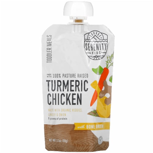 Serenity Kids Turmeric Chicken with Organic Vegetables, Herbs & Bone Broth Baby Food Pouch Perspective: front