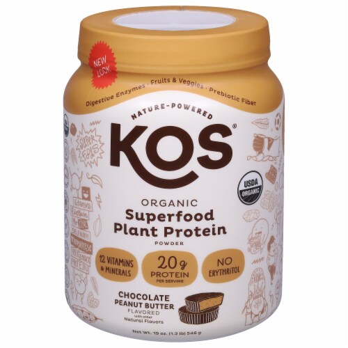 KOS Chocolate Peanut Butter Organic Plant Based Protein Powder Perspective: front
