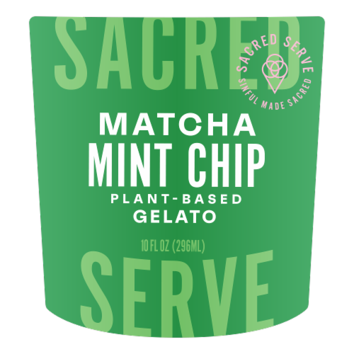 Sacred Serve Matcha Mint Chip Gelato Pint Perspective: front