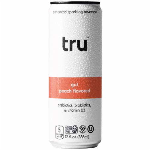 Tru® Gut Peach Flavored Sparkling Drink Can Perspective: front