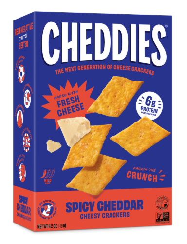 Cheddies® Spicy Cheddar Baked Cheesy Crackers Box Perspective: front