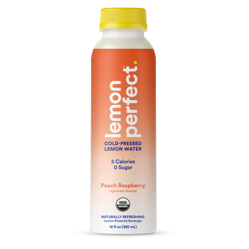 Lemon Perfect® Organic Peach Raspberry Flavored Bottled Water Perspective: front