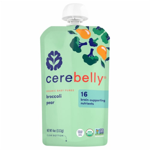 Cerebelly Organic Broccoli Pear Baby and Toddler Stage 2 Baby Food Perspective: front