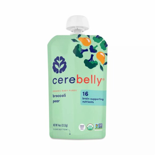 Cerebelly Organic Broccoli Pear Baby Food Puree Perspective: front