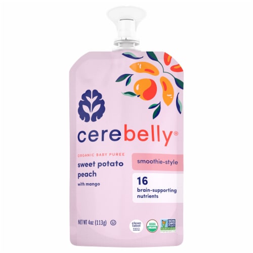 Cerebelly® Stage 3 Organic Sweet Potato Peach Mango Baby Food Smoothie Perspective: front
