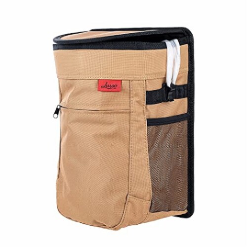 Lusso Gear 2.5 Gal Car Trash Can, Leakproof Vinyl Hanging Bin with Removable Liner, Tan Perspective: front