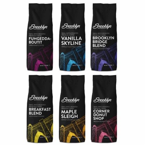 Brooklyn Beans Ground Coffee Variety-Light, Med, Dark Roast&Flavored,6 pack(72 ounces total) Perspective: front