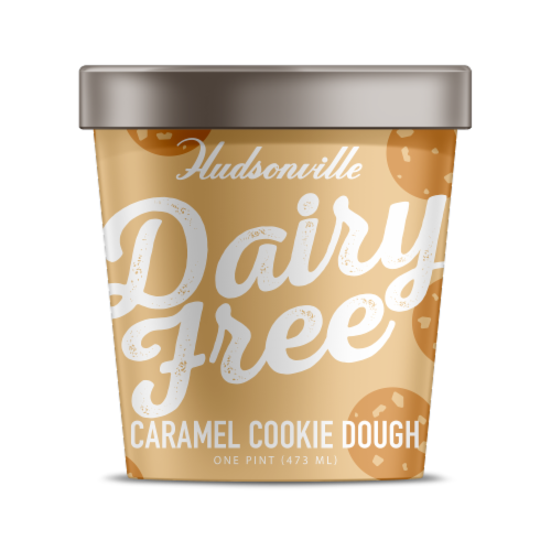 Hudsonville Dairy Free Caramel Cookie Dough Flavored Ice Cream Pint Perspective: front