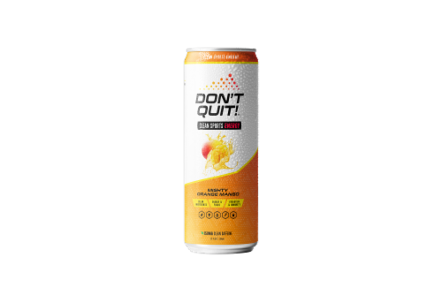 Don't Quit! Clean Sports Mighty Orange Mango Energy Drink Can Perspective: front