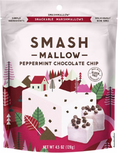 Smash Mallow Holiday Peppermint Chocolate Chip Snackable Marshmallows Perspective: front