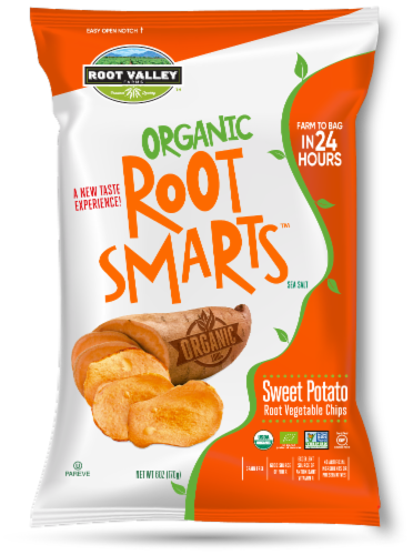 Root Valley Farms Root Smarts Organic Sweet Potato Vegetable Chips Perspective: front