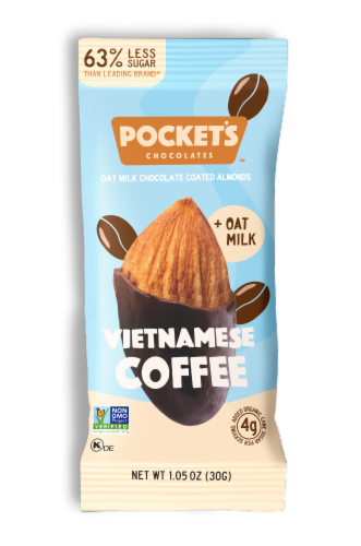 Pocket's Chocolates™ Vietnamese Coffee Oat Milk Chocolate Covered Almonds Perspective: front