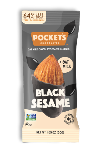 Pocket's Chocolates™ Black Sesame Oat Milk Chocolate Covered Almonds Perspective: front