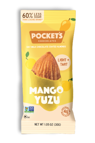 Pocket's Chocolates™ Mango Yuzu Oat Milk Chocolate Covered Almonds Perspective: front