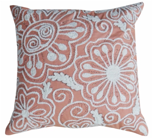 Chicos Home Nature Inspired Coral Peacock Embroidered Throw Pillow Cover - Coral/White Perspective: front