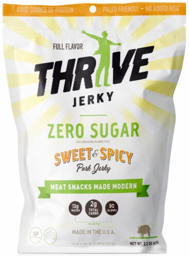 Thrive Zero Sugar Sweet & Spicy Pork Jerky Perspective: front