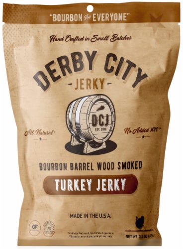 Derby City Bourbon Barrel Wood Smoked Turkey Jerky Perspective: front