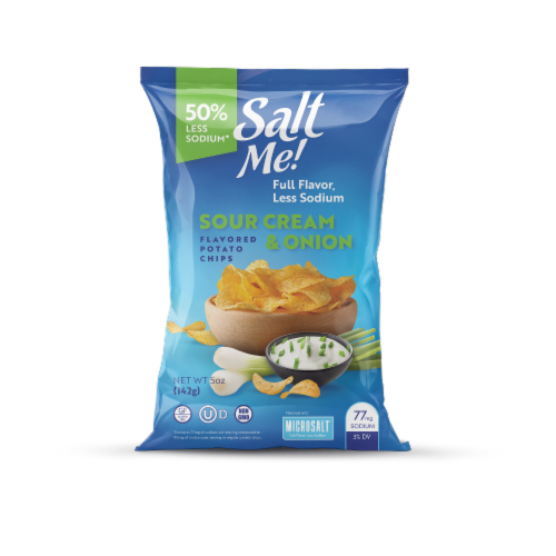 Salt Me! 50% Less Sodium Sour Cream and Onion Potato Chips Perspective: front