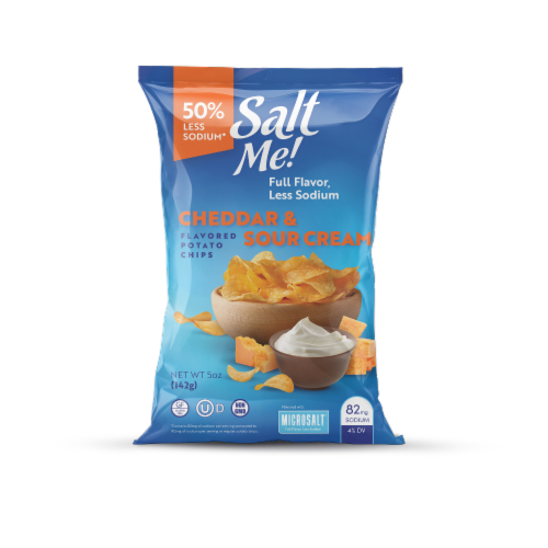 Salt Me! 50% Less Sodium Cheddar & Sour Cream Potato Chips Perspective: front
