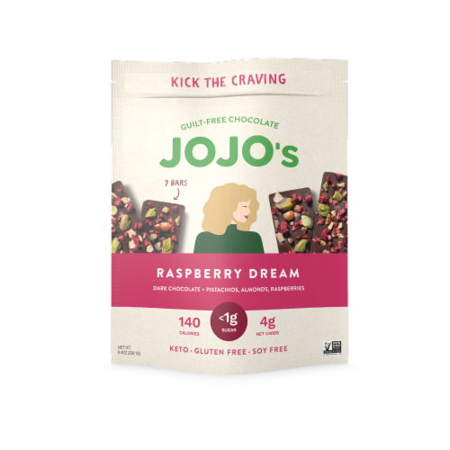 JOJO's Chocolate Raspberry Dream Pistachios Almonds & Raspberry Dark Chocolate Bar Perspective: front
