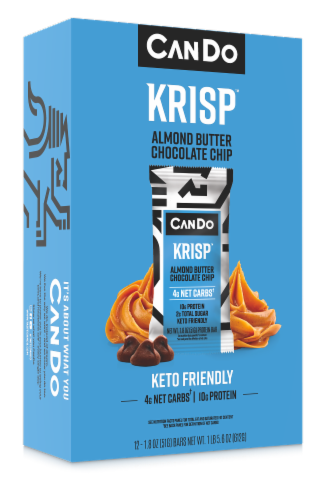 CanDo Keto Krisp Almond Butter Chocolate Chip Protein Bars Perspective: front