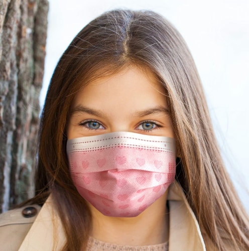 50 Pack EZ Breezy Kids Disposable Face Masks - Perfect Size for Children (Pink, 4-12 Years) Perspective: front