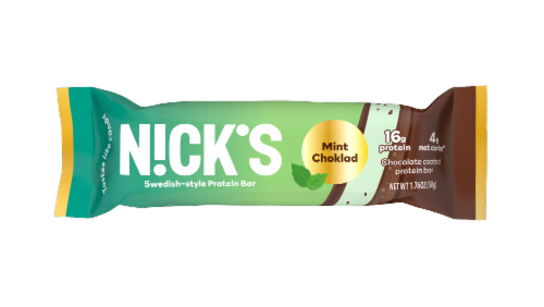 Nick's Mint Choklad Swedish-Style Protein Bar Perspective: front
