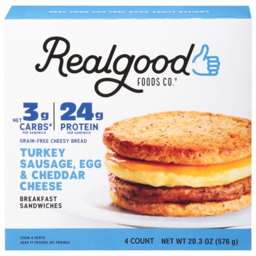 The Real Good Food Company Turkey Suasage, Egg & Cheddar Cheese Breakfast Sandwich Perspective: front
