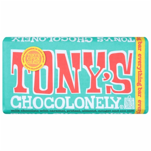 Tony's Chocolonely® Caramel Almond Nougat Pretzel and Sea Salt Milk Chocolate Bar Perspective: front