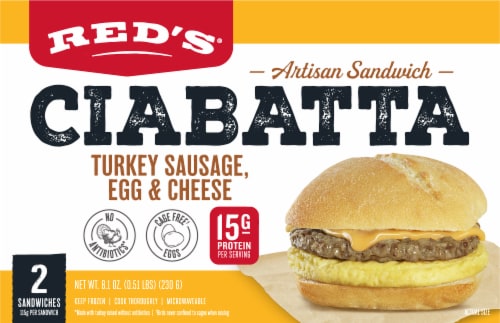 Red's® Artisan Ciabatta Turkey Sausage, Egg, & Cheese Sandwich Perspective: front