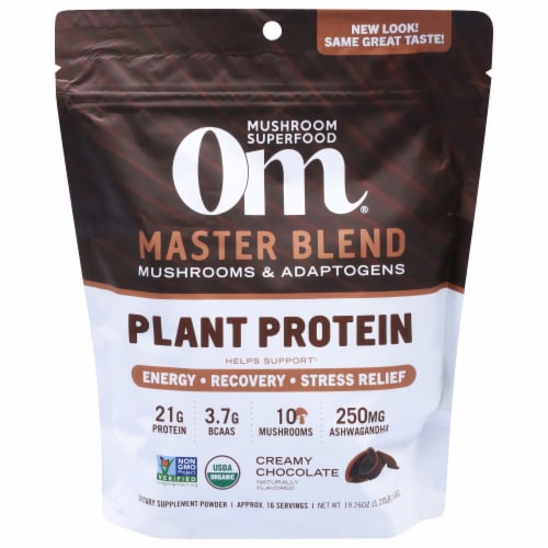 Om Mushroom Master Blend Chocolate Protein Powder Perspective: front