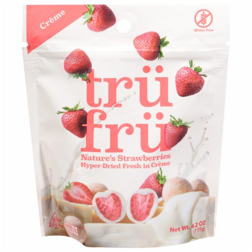 Tru Fru Hyper-Dried Strawberries Covered in White Chocolate Candy Bag Perspective: front