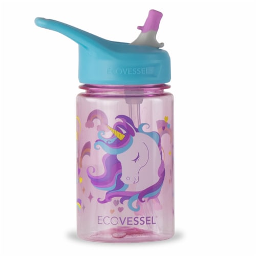 EcoVessel Unicorn Water Bottle with Flip Straw Lid Perspective: front