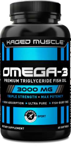 Kaged Muscle® Naturals Multivitamin OMEGA 3 Premium Triglyceride Fish Oil Softgels Perspective: front