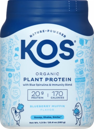 KOS® Organic Blueberry Muffin Blue Spirulina & Immunity Blend Plant Protein Powder Perspective: front