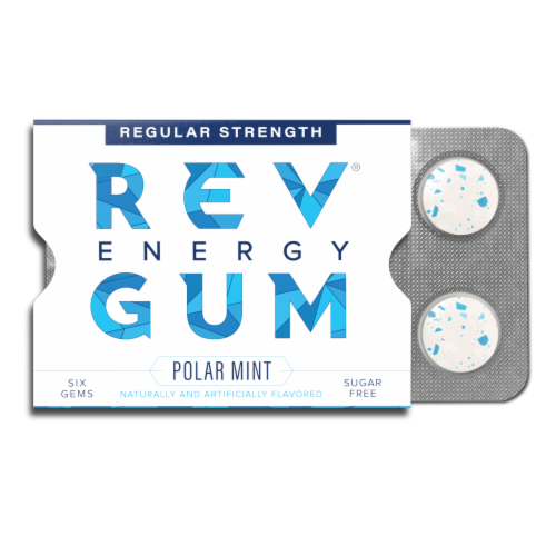 Rev Gum Regular Strength Polar Mint Caffeinated Gum Pack Perspective: front