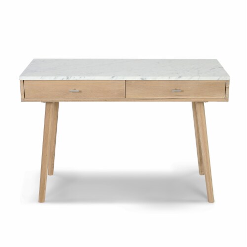 Viola 44  Rectangular Italian Carrara White Marble Writing Desk with Oak Legs Perspective: front