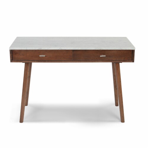 Viola 44  Rectangular Italian Carrara White Marble Writing Desk with Walnut Legs Perspective: front