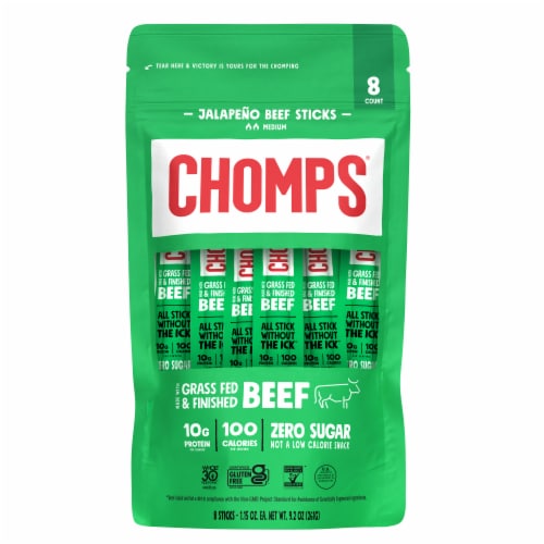 Chomps Grass-Fed and Finished Jalapeño Beef Jerky Meat Snack 8 Pack, 1.15oz Sticks Perspective: front