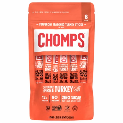 Chomps® Pepperoni Seasoned Turkey Meat Snack Sticks Perspective: front